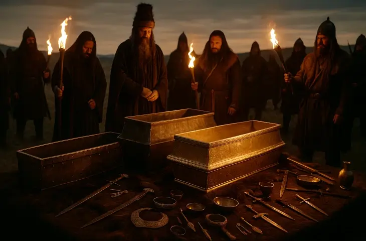 Meşaleler eşliğinde Hun rahiplerinin altın, gümüş ve demir tabutları Attila’nın cenazesi için hazırladığı tören sahnesi; önlerinde silahlar ve değerli eşyalar duruyor.